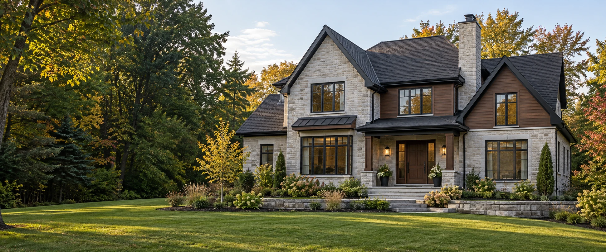 Façade d’une maison résidentielle en pierre, entourée d’arbres